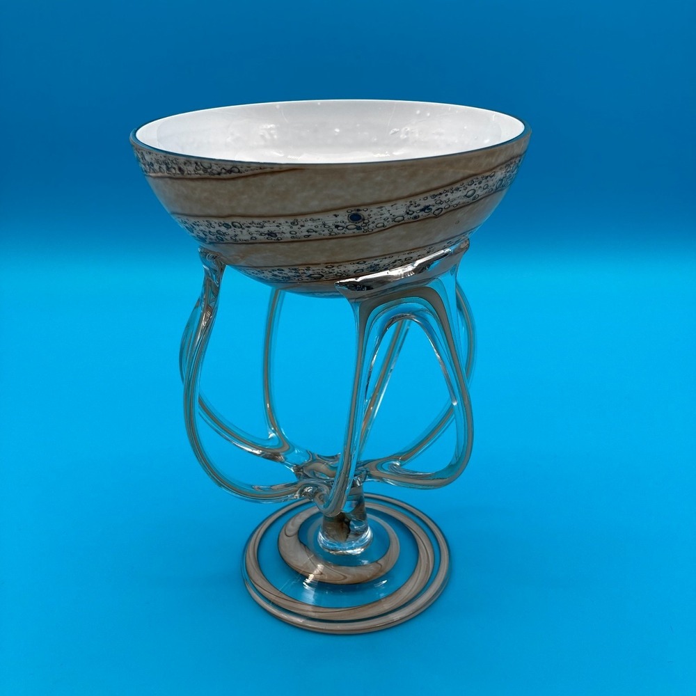 Vintage Canadian Art Glass Bowl - Tan & White Swirl 4-Footed Centerpiece